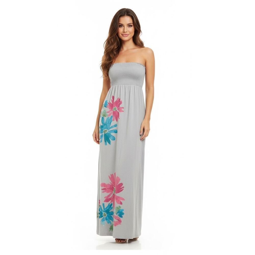 Old Navy Smocked Strapless Maxi Dress Gray Floral Boho XS Summer Vacation Cotton